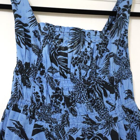 Vintage Free People Blue Tropical Smocked Cotton Mini Dress 4 Boho Travel - Picture 3 of 8